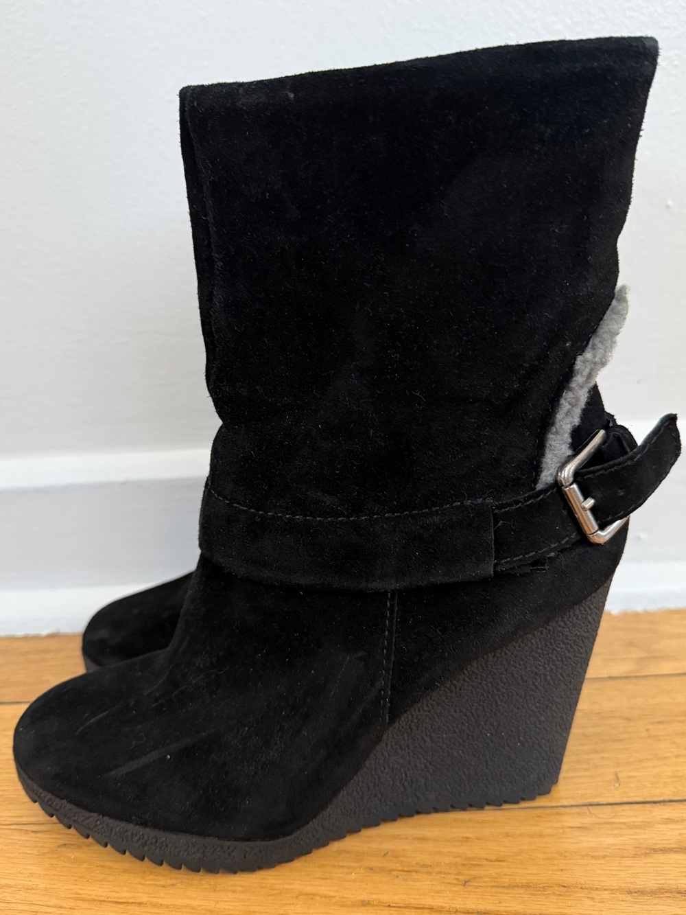 Black Suede Wedge Heel Boots NWOB